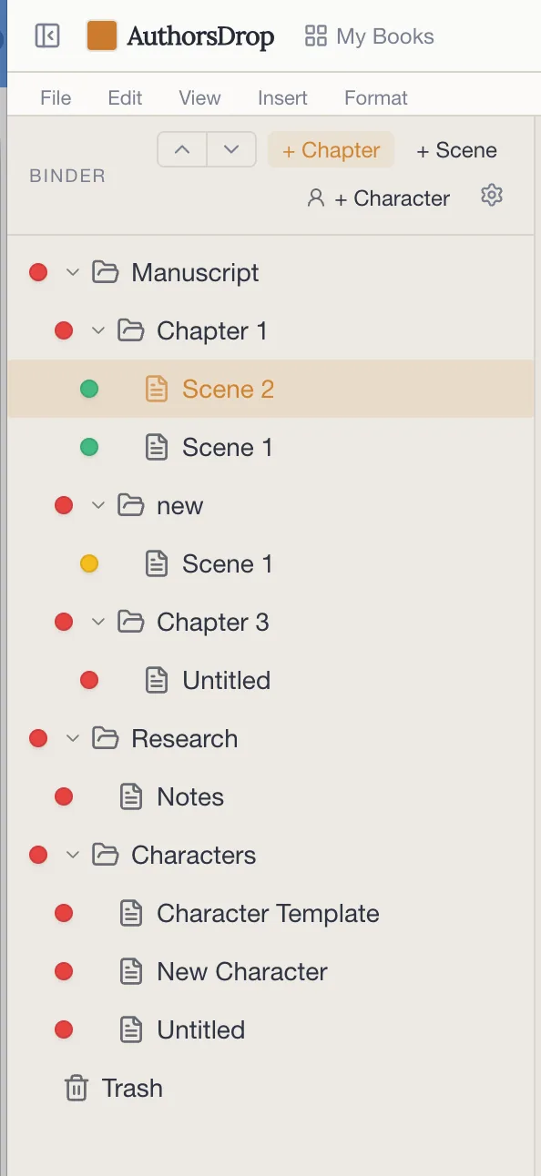AuthorsDrop project binder showing manuscript structure