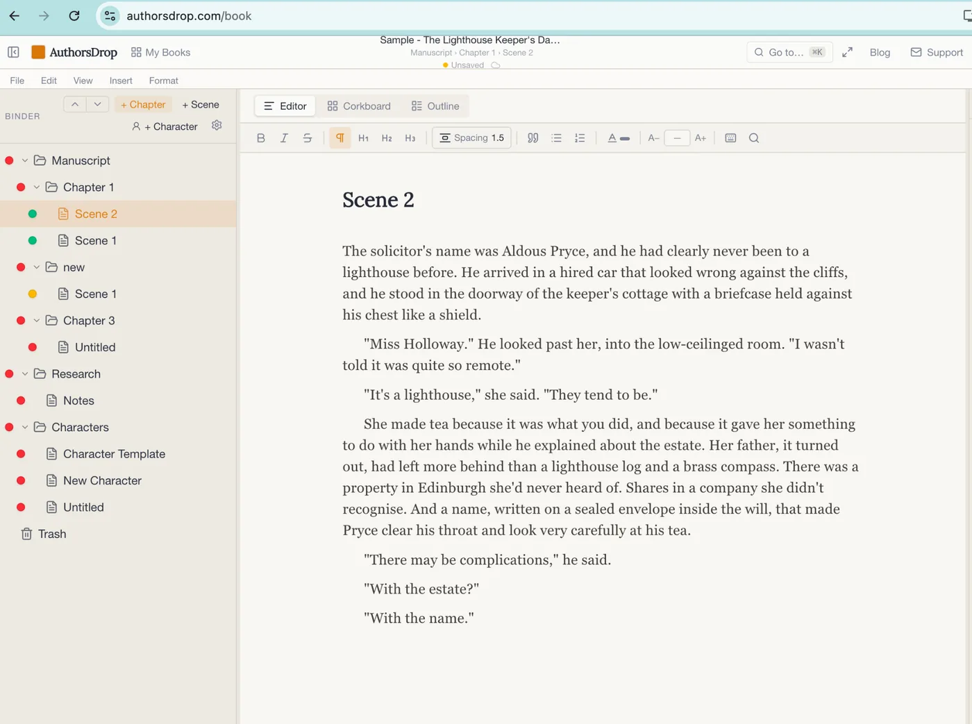 AuthorsDrop editor with project binder beside the writing area