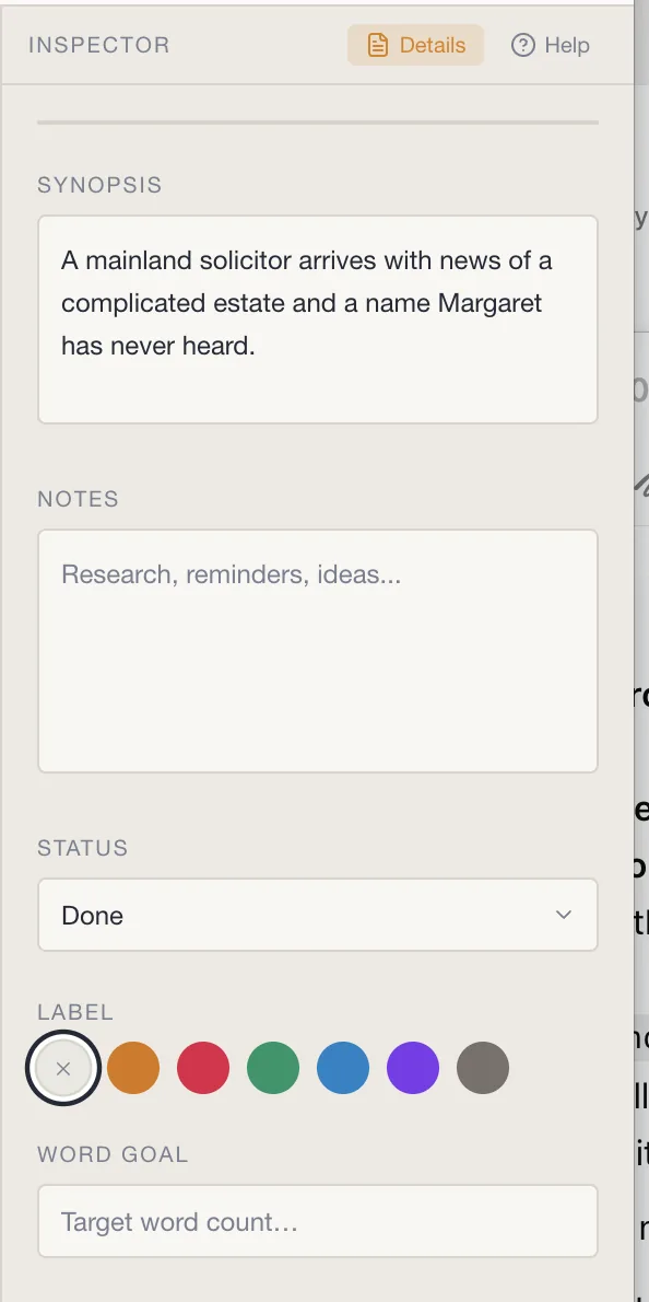 AuthorsDrop inspector panel showing synopsis, notes, status, colour labels and word goal fields.