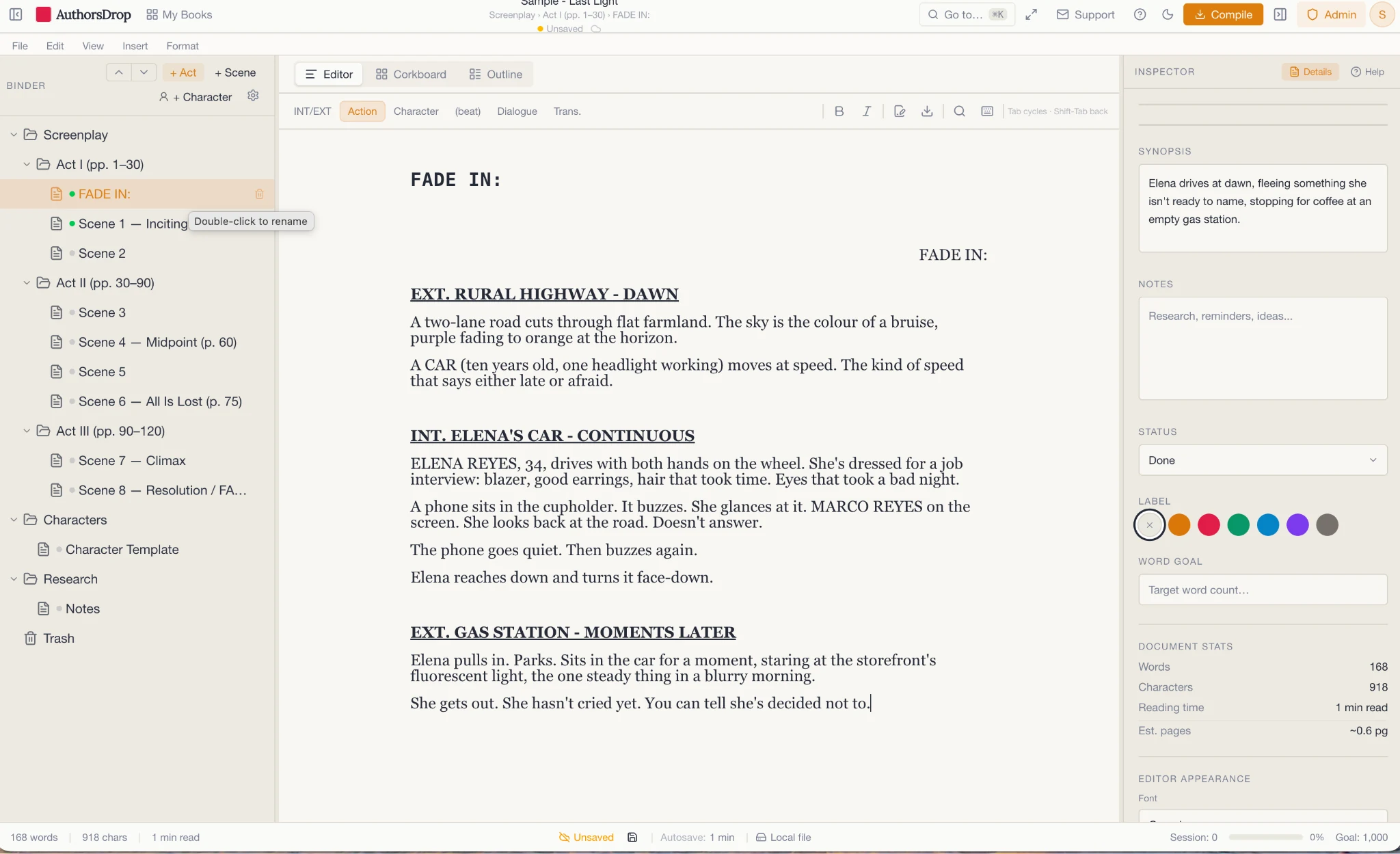 AuthorsDrop screenplay editor