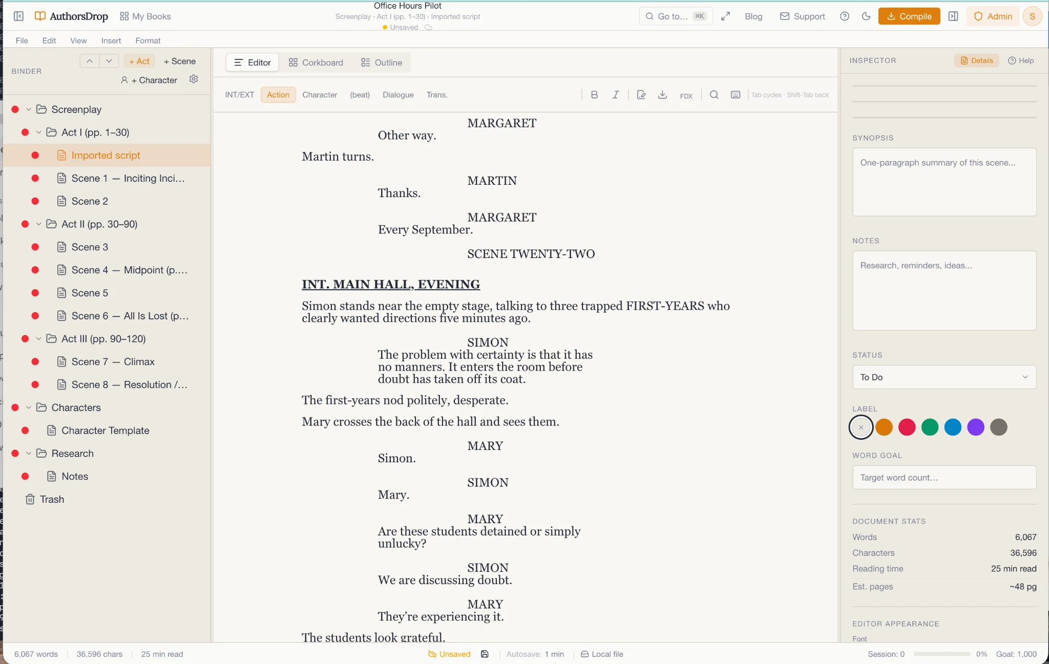AuthorsDrop screenplay editor showing an imported script organised into acts and scenes, with screenplay line types and the Inspector open.