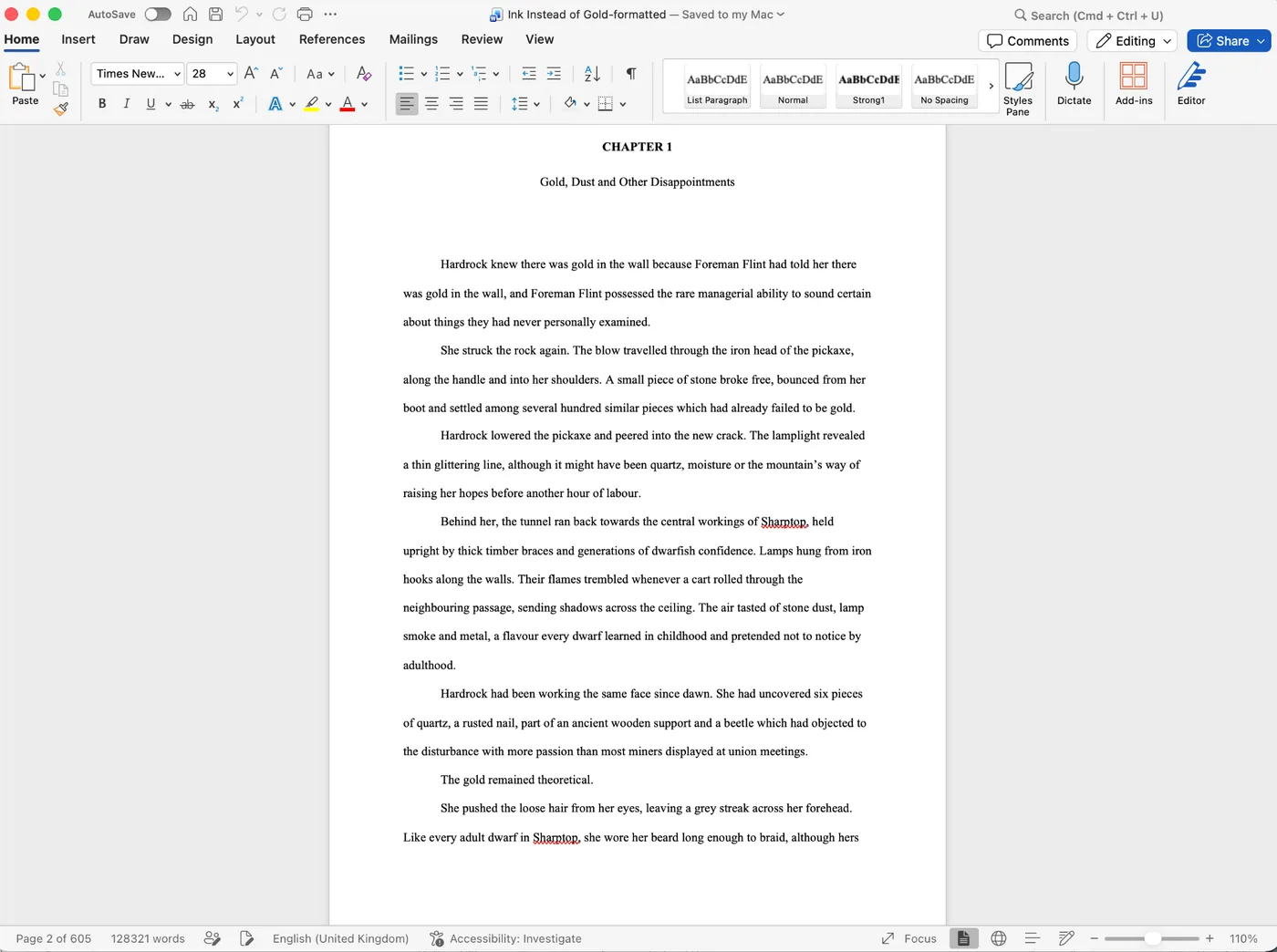 A large manuscript open in Microsoft Word.